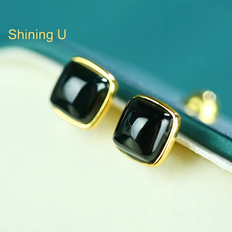 

Shining U S925 Silver Black Jade Square Stud Earrings for Women Fine Jewelry Gift