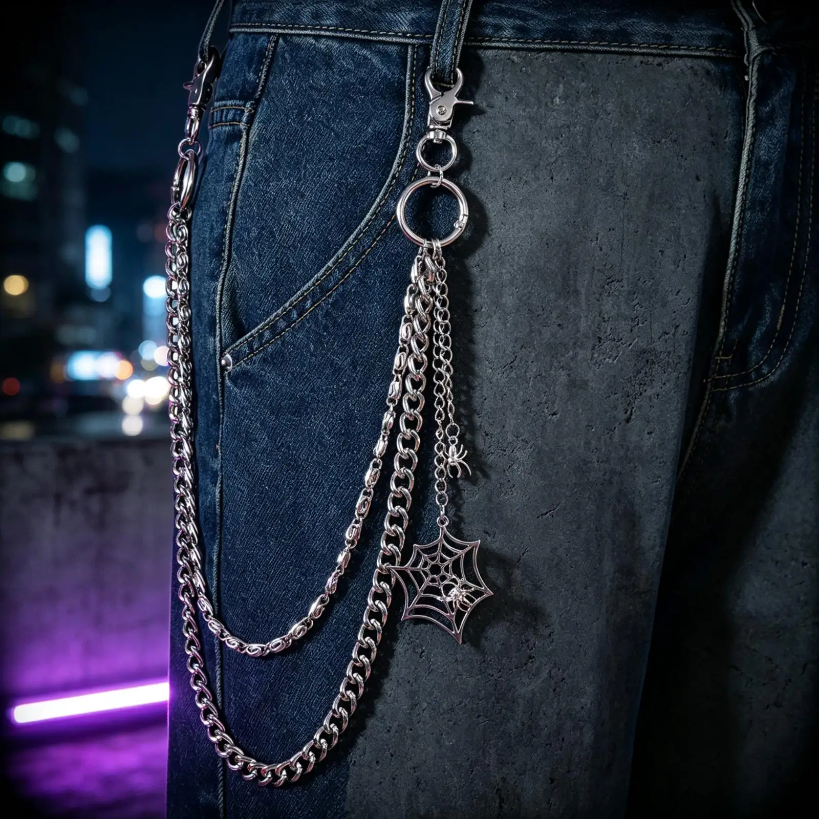 Spider Web Multi-Layer Pants Chain – Silver Alloy Punk Hip Hop Waist Chain for Jeans, Gothic Halloween Costume Accessory