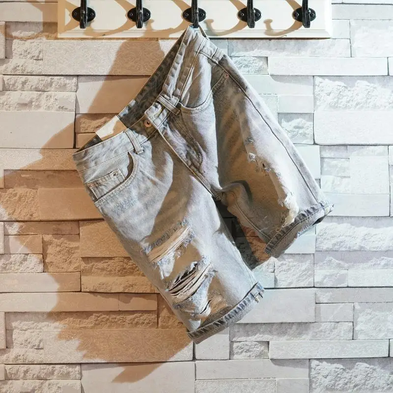 

Men's Light Washed Ripped Slim Denim Shorts Vintage Summer Casual Korean Fashion