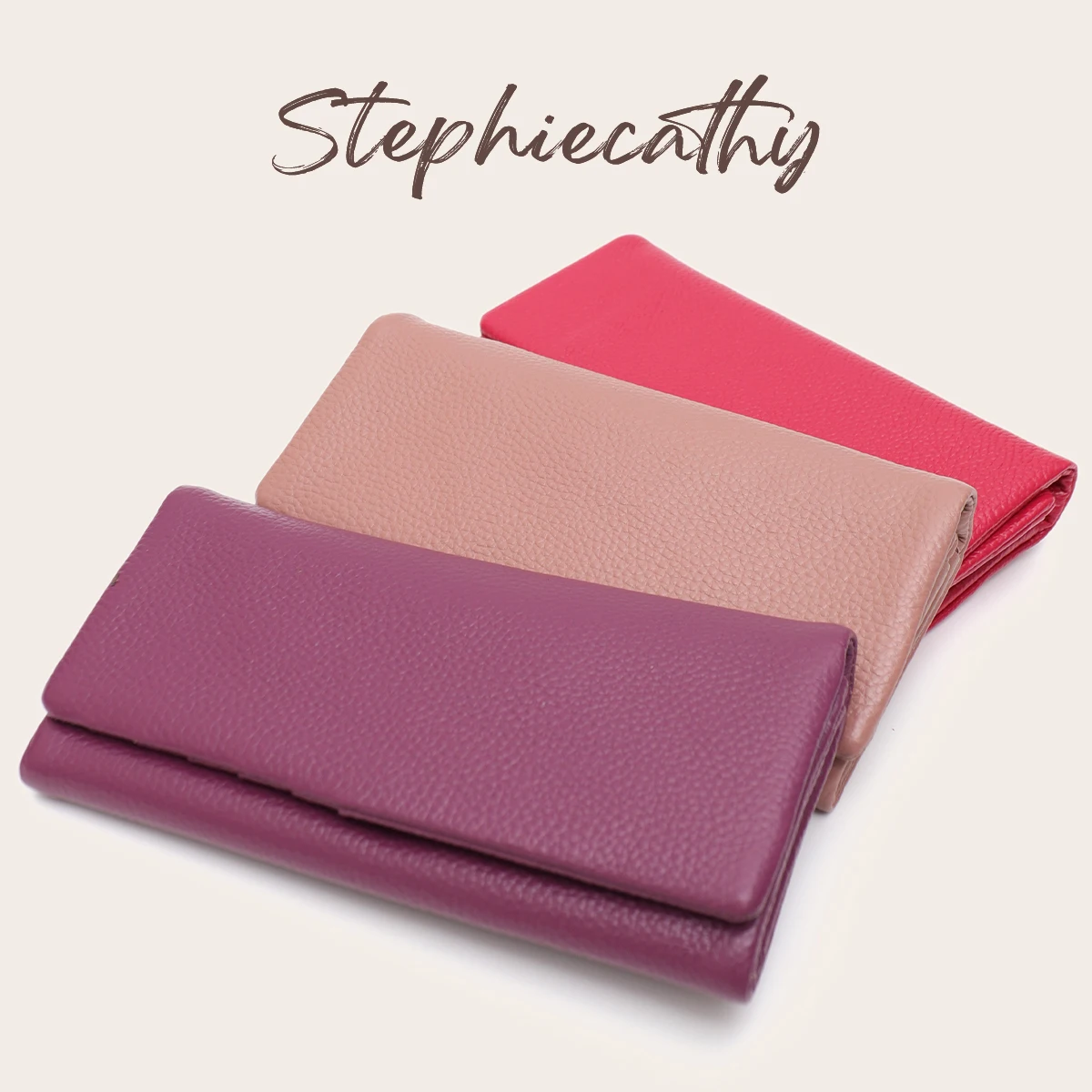 SC Women Fashion Elegant Genuine Leather Wallet Solid Color Bifold Phone Purse Multi Card Slot Functional Portable Bag Daily Use