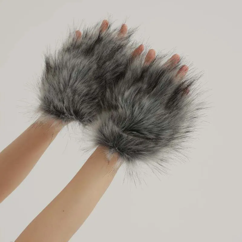 Halloween pluche wolf klauw handschoenen grijze harige weerwolf poot kostuum want voor kinderen en volwassenen kerst grappige handschoenen