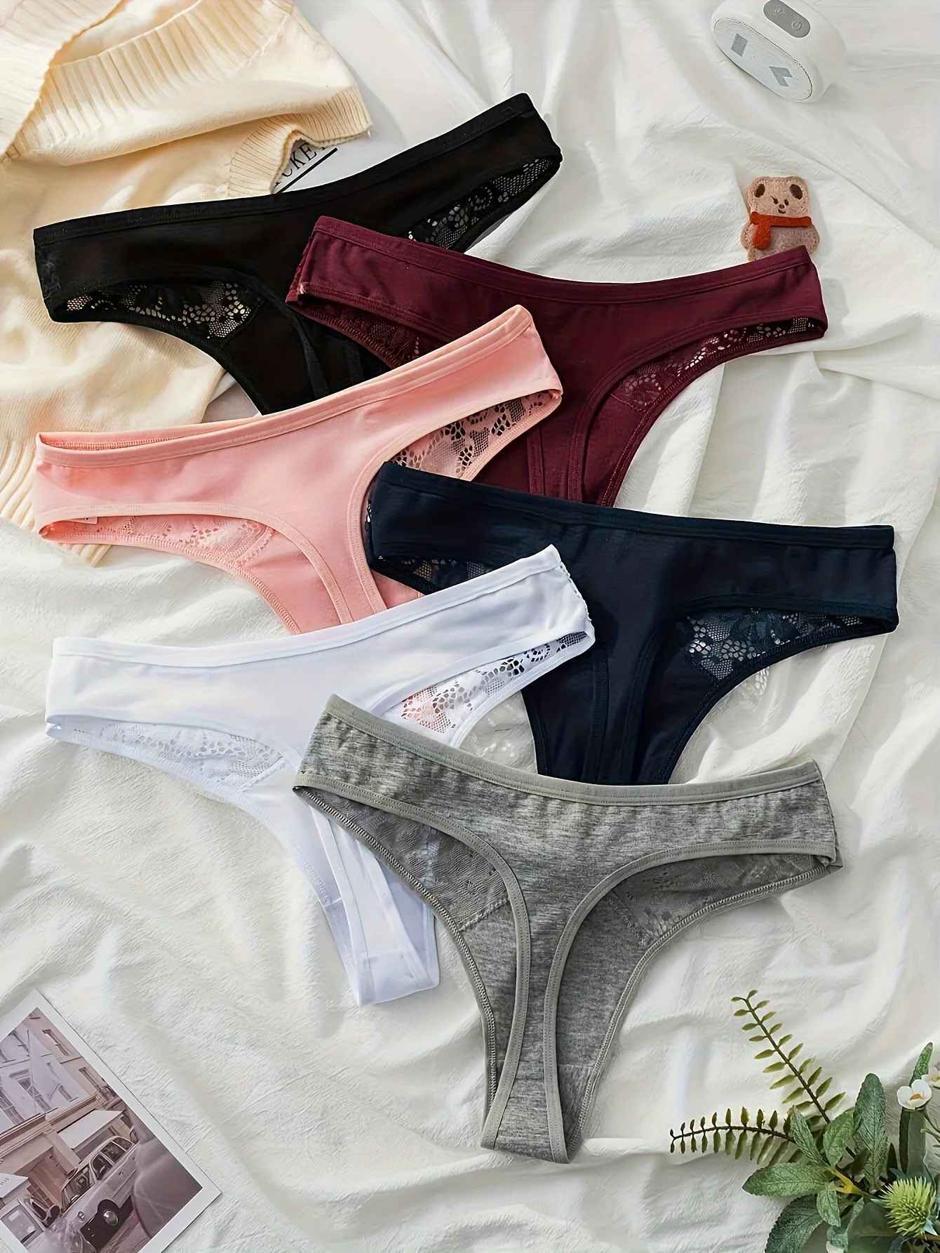 مختارة عشوائيا 6 أزواج من سيور مثيرة مرقعة من الدانتيل بألوان مختلطة، ملابس داخلية نسائية قطنية مريحة وبسيطة