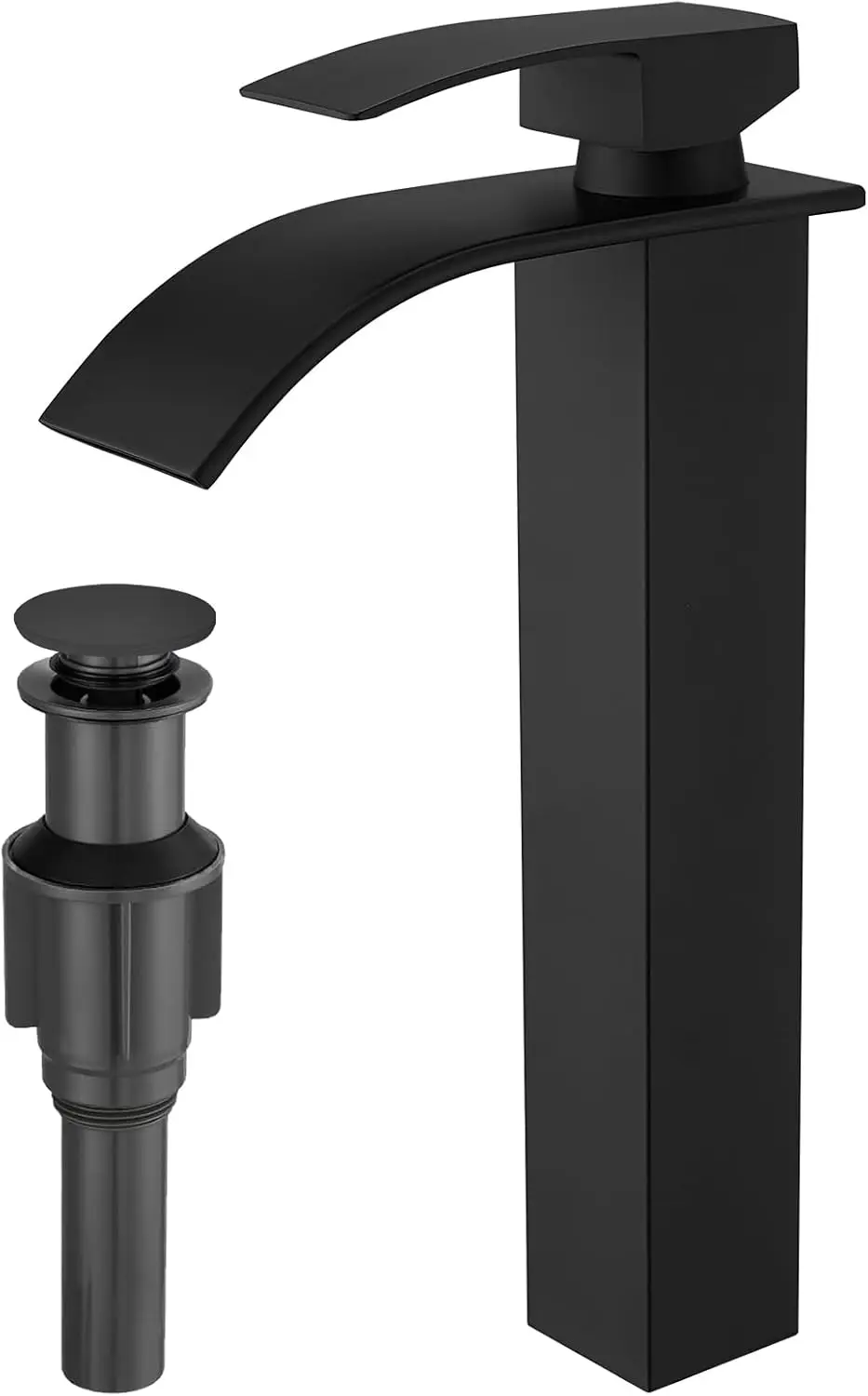 

Modern Matte Black Waterfall Vessel Sink Faucet with Pop Up Drain, Single Handle One Hole Vanity Tap in Stainless Steel