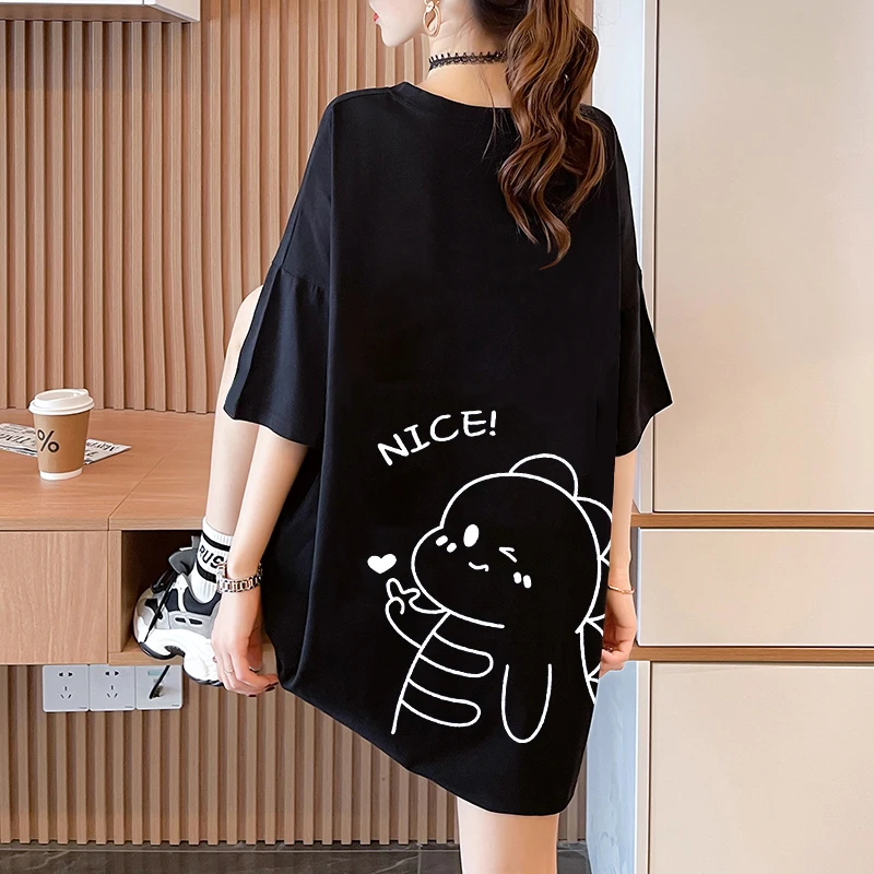 تي شيرت نسائي من القطن الخالص بأكمام قصيرة مقاس كبير صيفي متوسط ​​الطول فضفاض للتخسيس كلاين أزرق عصري ماركة علوية