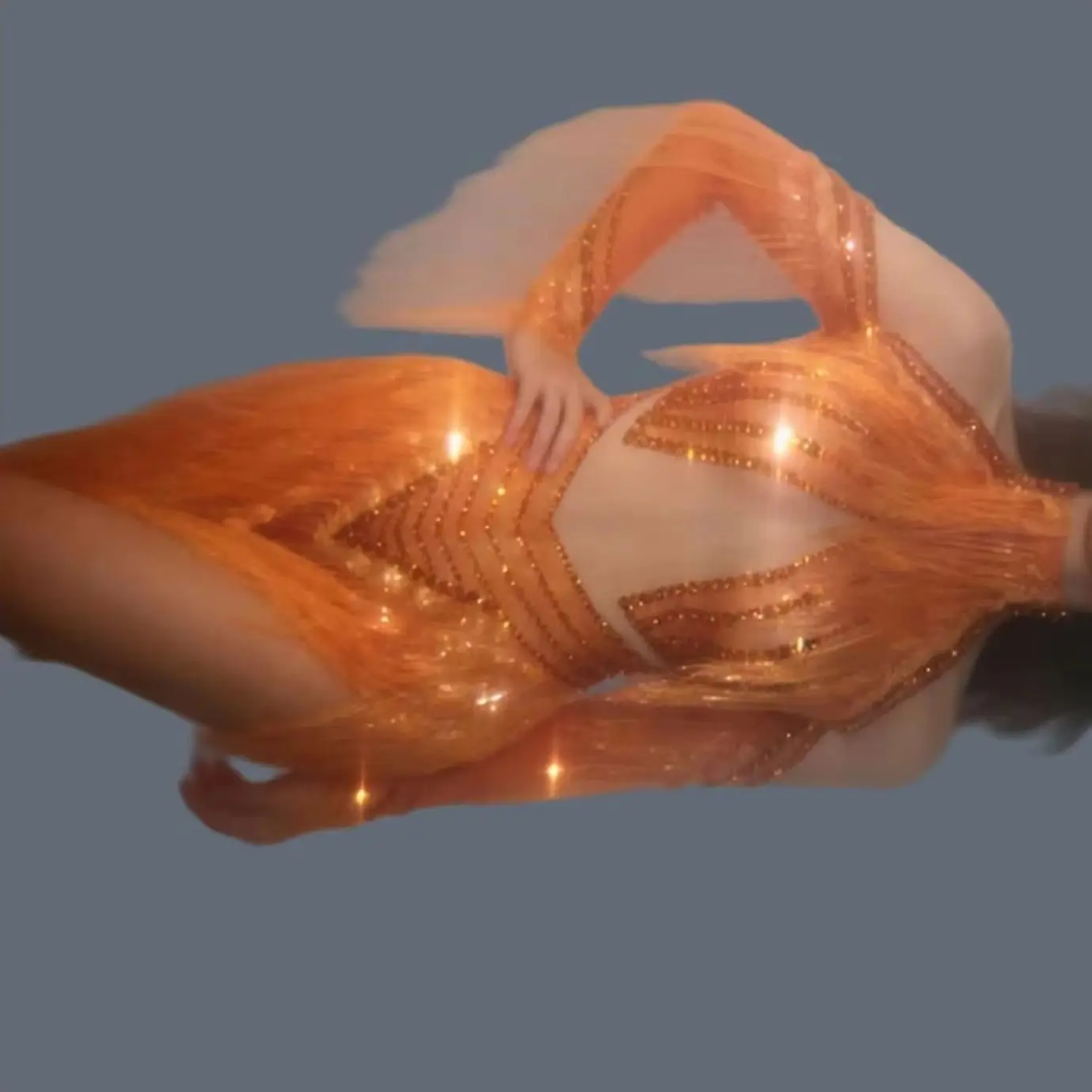 

Sparkly Crystal Orange Fringe Tight Fitting Bodysuit Women Nightclub Party Dance Off Shoulder High Neck Show Bar Outfit Chengzi