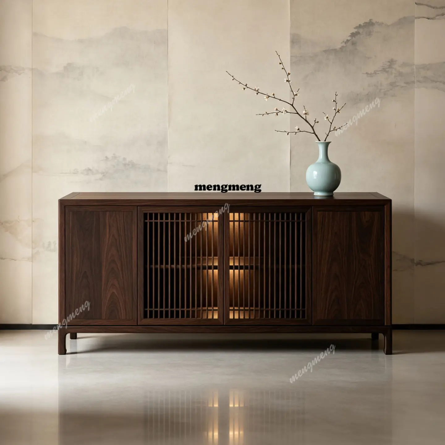 

Black walnut grille, dining side cabinet, new Chinese-style Zen living room, locker, solid wood four-door storage cabinet