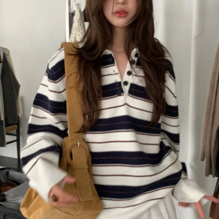 Loose Korean Style Casual Striped  Neck Knitted Long Sleeve Women's Top Half Buttoned Lazy Color Block Long Sleeve Shirt