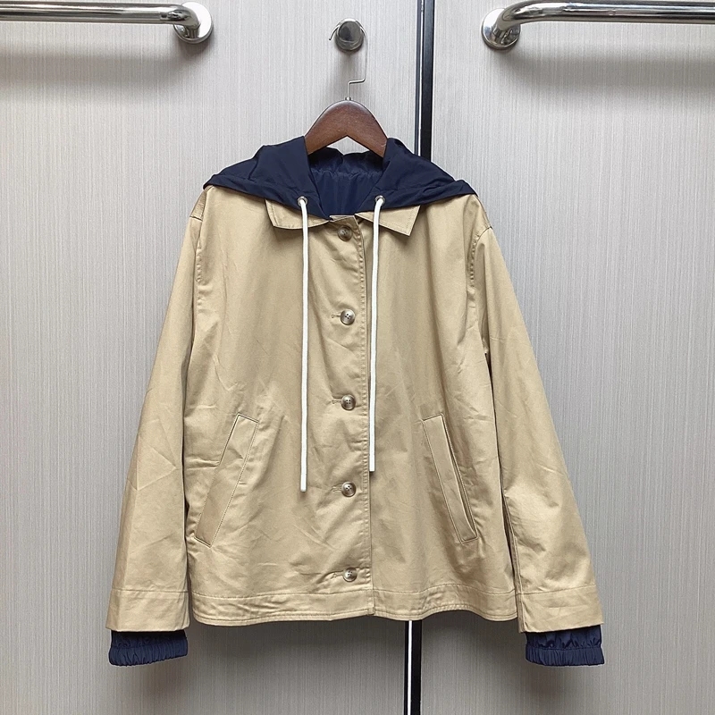 Women's Hooded Jacket Casual Buckle Style Short Windbreaker Drawstring Hat Windproof Jacket Reversible