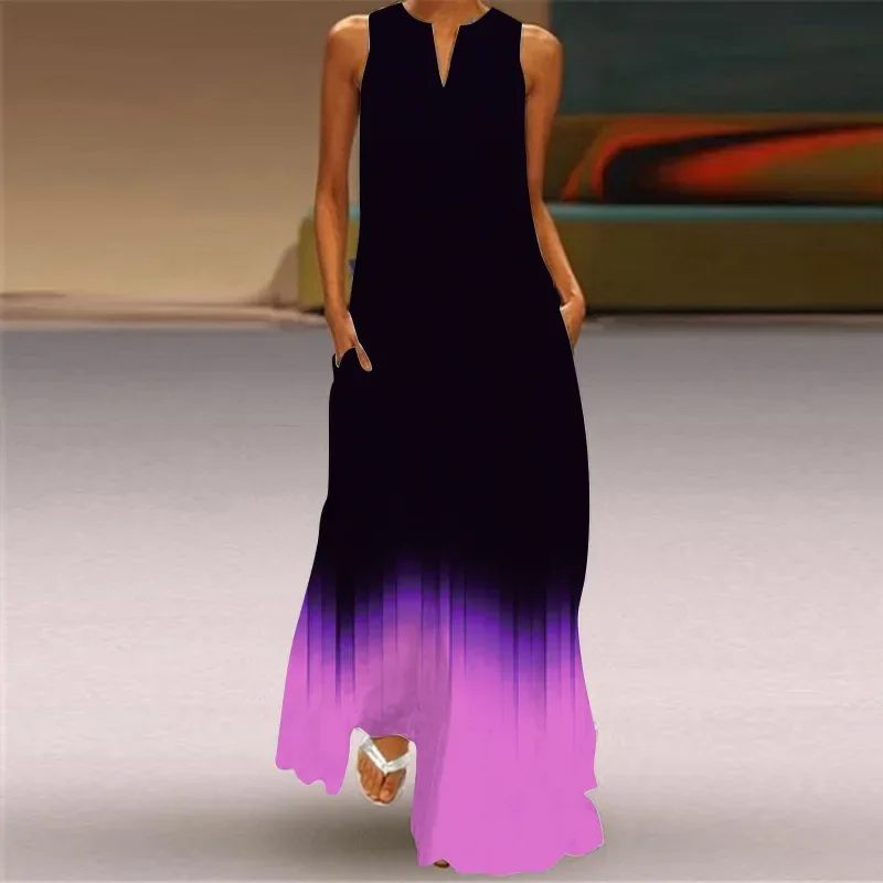 Summer Fashion Sexy Color Gradient Print Hollow Out V-neck Sleeveless Long Dress Loose Casual Party Evening Long Dress Women
