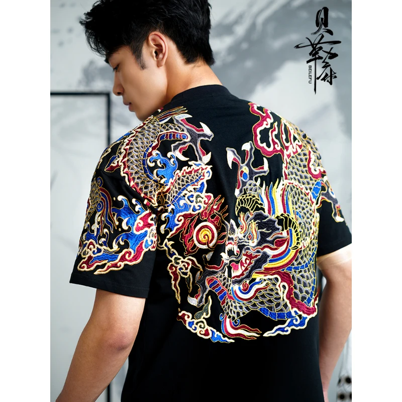 Chinese Style Heavy Embroidered Dragon Robe T-shirt Summer Trendy Short-sleeved Top Black Plus Size
