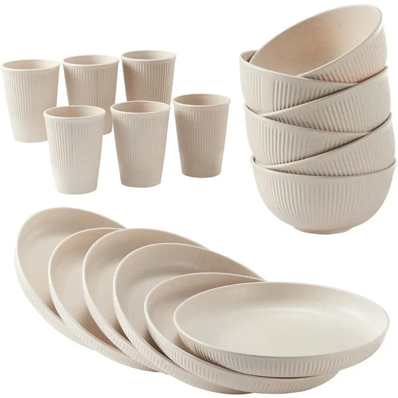 18pcs Wheat Straw Dinnerware Sets Unbreakable Reusable Dinnerware Set Kitchen Cups Plates and Bowls Sets Dishwasher Safe Plates