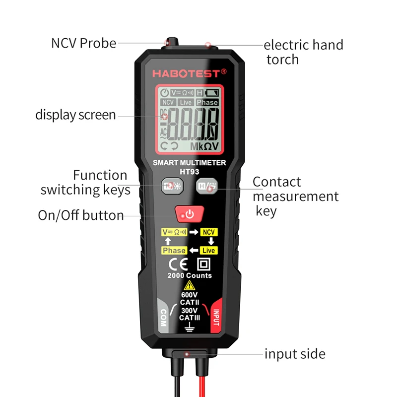 HABOTEST Tester napięcia prądu stałego detektor multimetr 2000 wyświetlacz bezdotykowy długopis elektryczny podwójny zakres test drutu pod napięciem