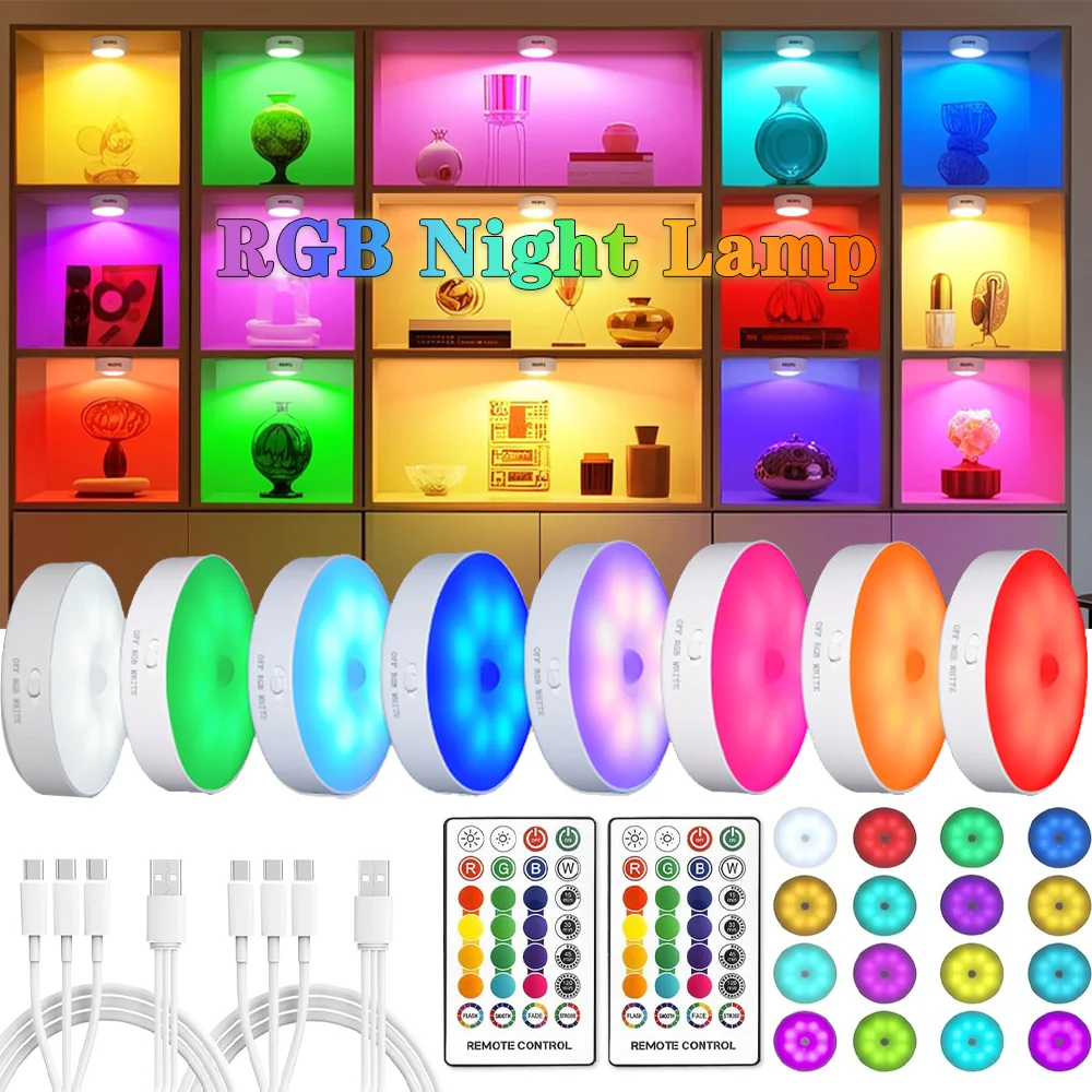 ضوء ليلي LED أبيض RGB مع جهاز تحكم عن بعد، مصباح قابل للتعتيم، مصباح ليلي RGB مغناطيسي قابل لإعادة الشحن لخزانة العرض #1