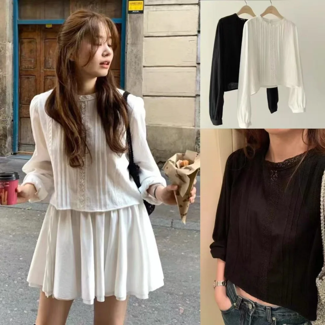 

Spring 2025 Korean Sle Pure Color Lace Splicing round Ne Long Sve irt Women's Top Commute Sle Loose Fit ort Length