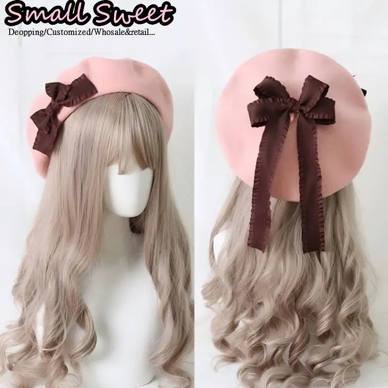 Japanese Sweet Kawaii Style Women Handmade Vintage Wool Cotton Satin Ribbon Ruffle Bow Painter Beret Winter Cozy Warm Hat