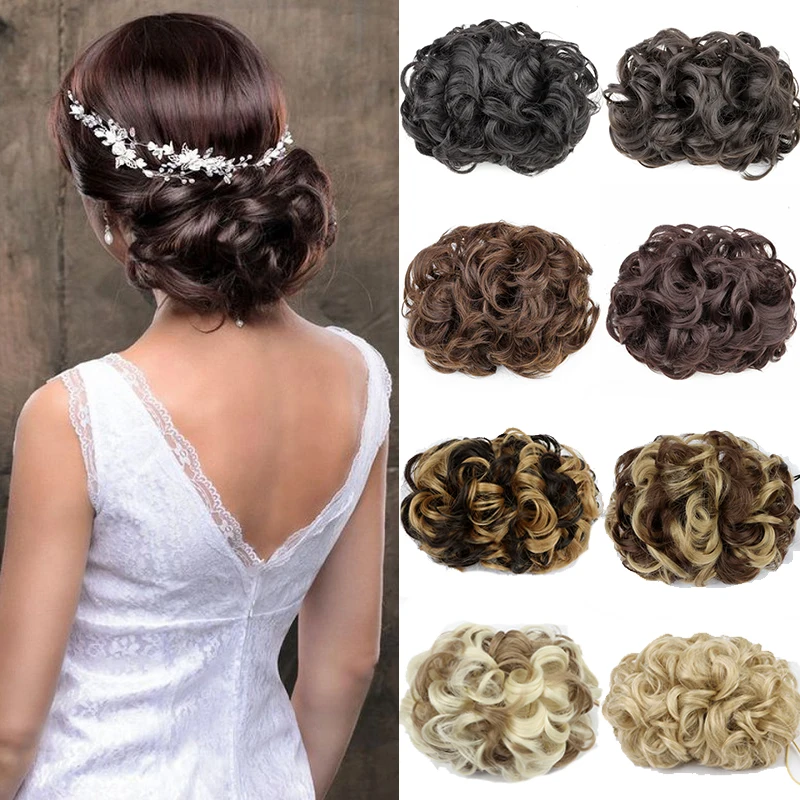 الاصطناعية Chignon فوضوي كعكة شريط مطاطي مرن هيربيسي متموج مجعد كعكة الشعر ذيل حصان ملحقات Scrunchie قطع الشعر للنساء