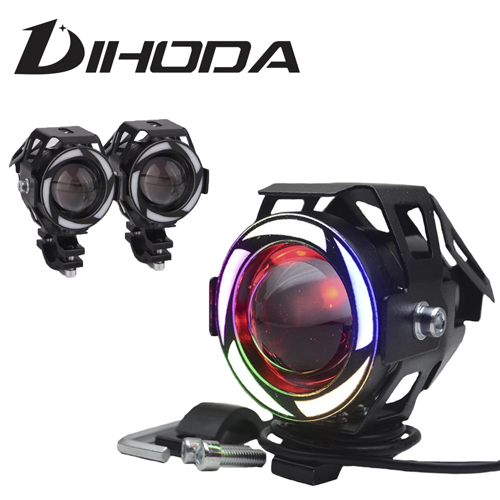 

Motorcycle spotlight with rainbow angel eyes flashing laser cannon external ultra bright LED headlights for U7