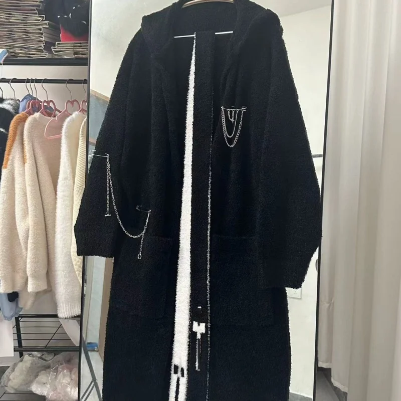 Y2k Aesthetic Lolita Style Long Knit Cardigan Women's Gothic Punk Hooded Sweater Coat Women's Street Style Knit Top