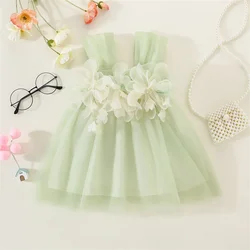 New Summer Dresses Girls Lace Embellished Halter Pleated Mesh Pompadour Dress Bow Ribbon Sweet Princess Dress