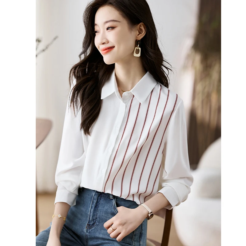Lo más nuevo de 2025, moda de primavera, blusa de gasa de manga larga empalmada para mujer, camisa informal OL de oficina con cuello vuelto elegante, Tops para mujer