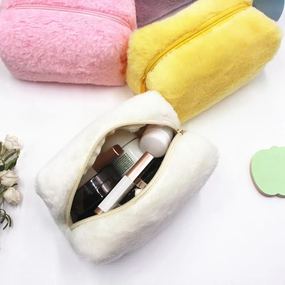 

Soft Solid Color Beauty Toiletry Organizer Female Handbags Storage Bag Plush Makeup Bags Cosmetic Bag Pencil Case Women's Pouch