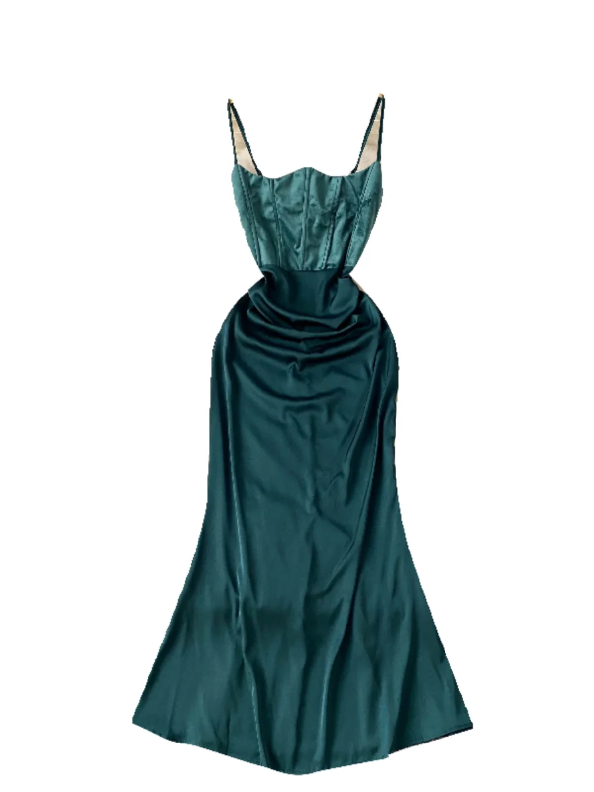 우아한 새틴 랩 드레스 여성의 세련된 백리스 피쉬본 슬리밍 스트랩 모든 계절을위한 중간 길이 한국 스타일 a 라인 드레스