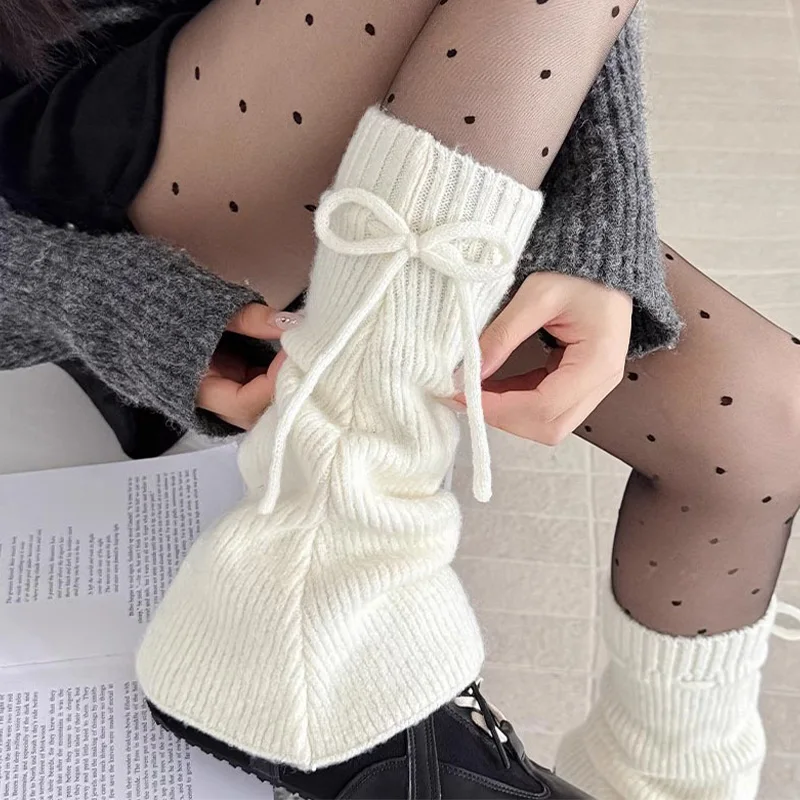 

Вязаные гетры с бантом для женщин, теплые чехлы для ног, белые, серые, в стиле Лолита, осенне-зимние, вязаные крючком, носки-манжеты для обуви