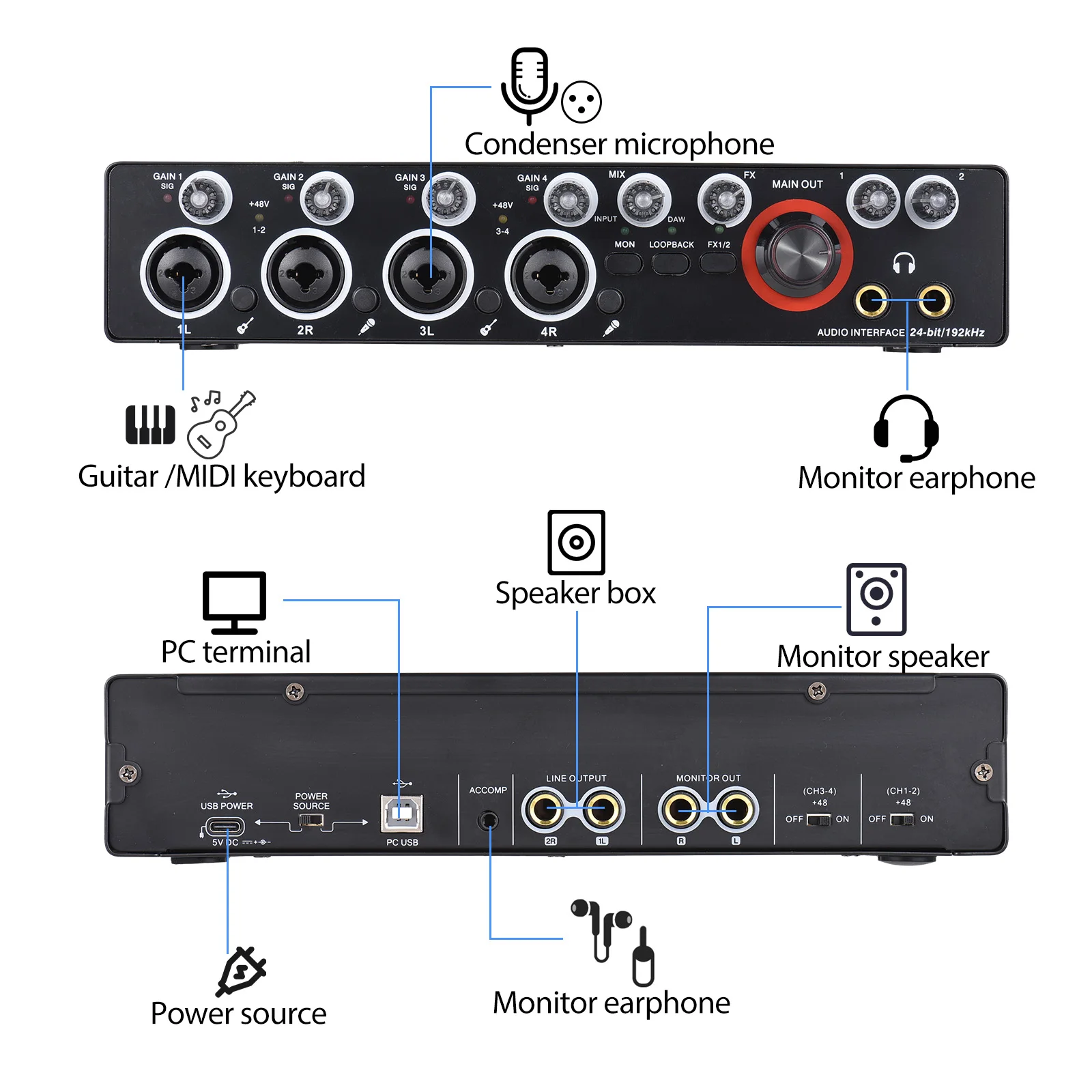 4 Channels Recording Sound Card with Driver Free Audio Interface 4-in 4-out USB Live Sound Card 24 bit/192khz 48V Phantom Power