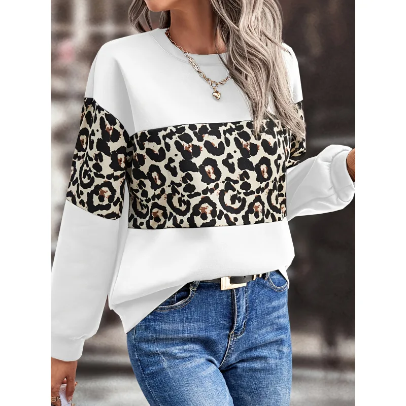 2023 New Autumn Fashion Print Loose Round Neck Leopard Print Long Sleeved Temperament Commuting Women\'s Loose Casual Sweater