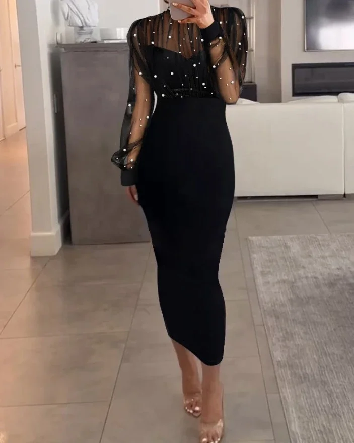 CPSYMYM Vrouwen Avondjurk Herfst winter Nieuwste Party Mock Hals Lange Mouw Sheer Mesh Patch Kralen Skinny Maxi Jurk Lon