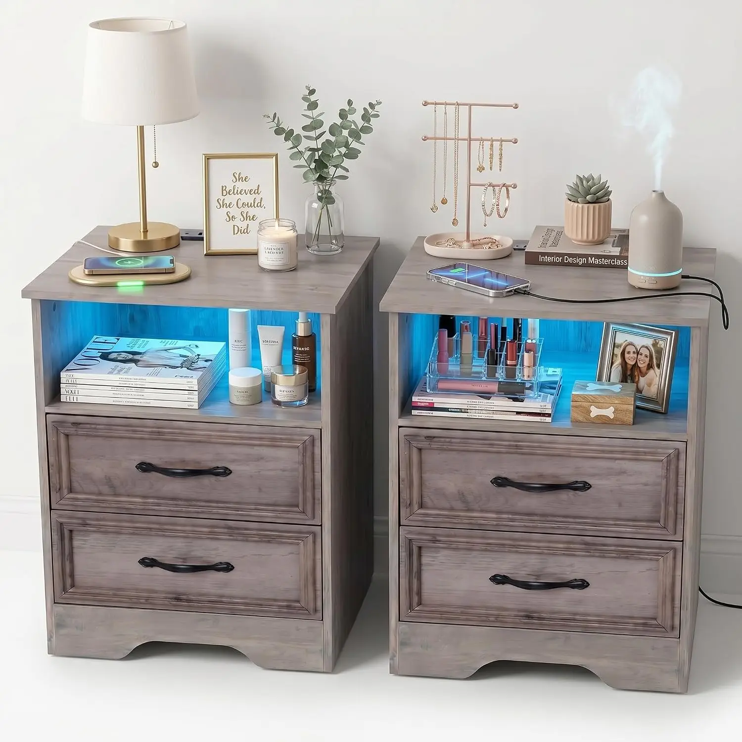 Nightstand with Charger & Lights 2 Drawers 17.7