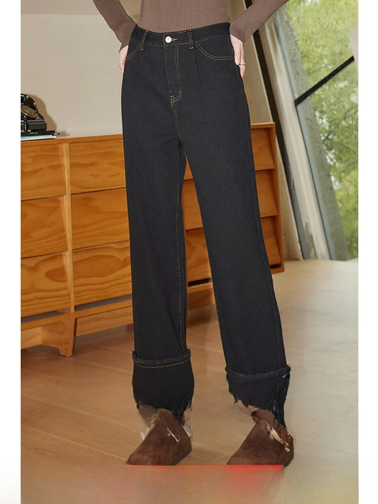 KUHNMARVIN Women's Fleece-Lined Thick Straight Leg Jeans Black Washed Casual Wide Leg Pants Autumn New Style Comfortable Cotton