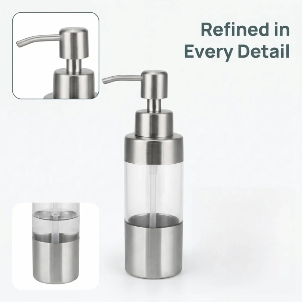 Stainless Steel ABS Soap Dispenser with Pump Refillable Lotion Dispenser Wide Opening Silver Liquid Soap Dispenser