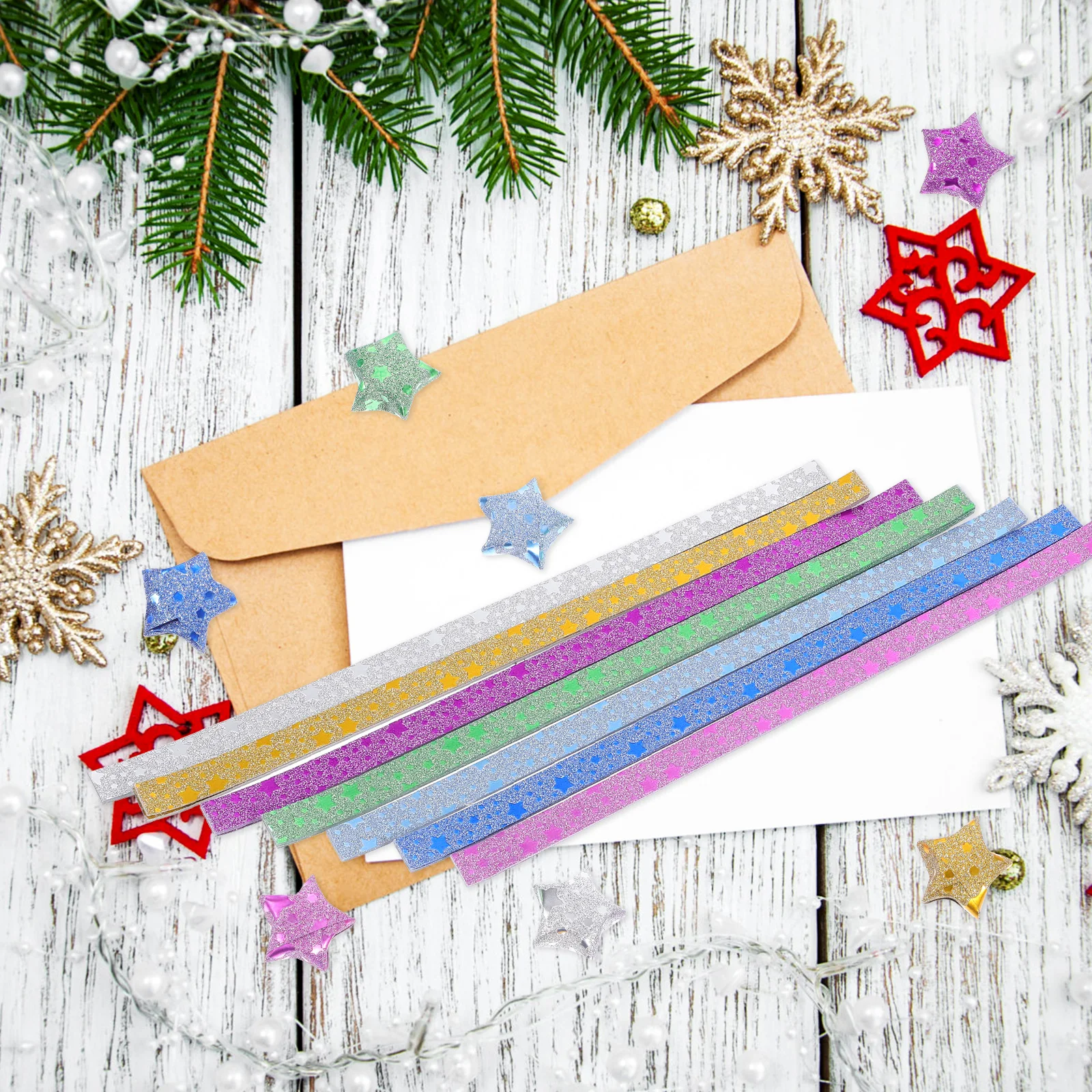 

140pcs Five Pointed Star Origami Paper Strips Seven Color Mixed DIY Craft Supplies Holiday Decorations Easy Fold Photo Props