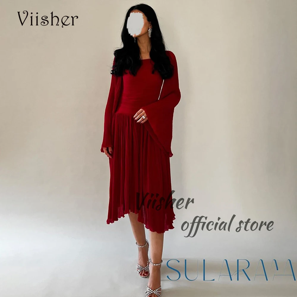 

Viisher Burgundy Chiffon Short Mermaid Evening Prom Dresses Long Sleeve O Neck Formal Party Dress Arabian Dubai Evening Gowns