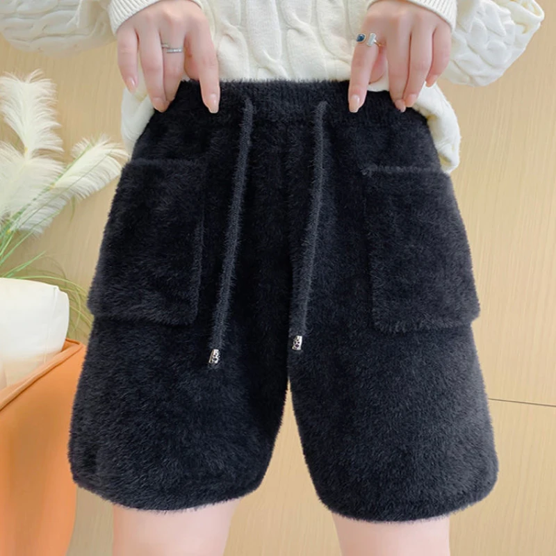 기질 패션 가을 겨울 새로운 모직 여성 솔리드 탄성 높은 허리 주머니 Drawstring 세련된 느슨한 a 라인 와이드 레그 반바지