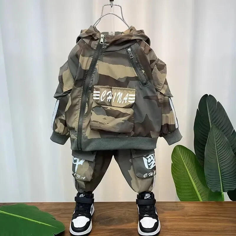 Children\'s Clothing Set Spring and Autumn New Boys Casual Camouflage Clothing Set Baby Jacket Pants Two-piece Set