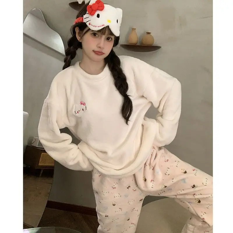 Kuchen Hellokitty Winter Flanell Mädchen Langarm Hosen Plus Samt Verdickt Bequeme Warme Pyjamas Set Lose Hause Kleidung