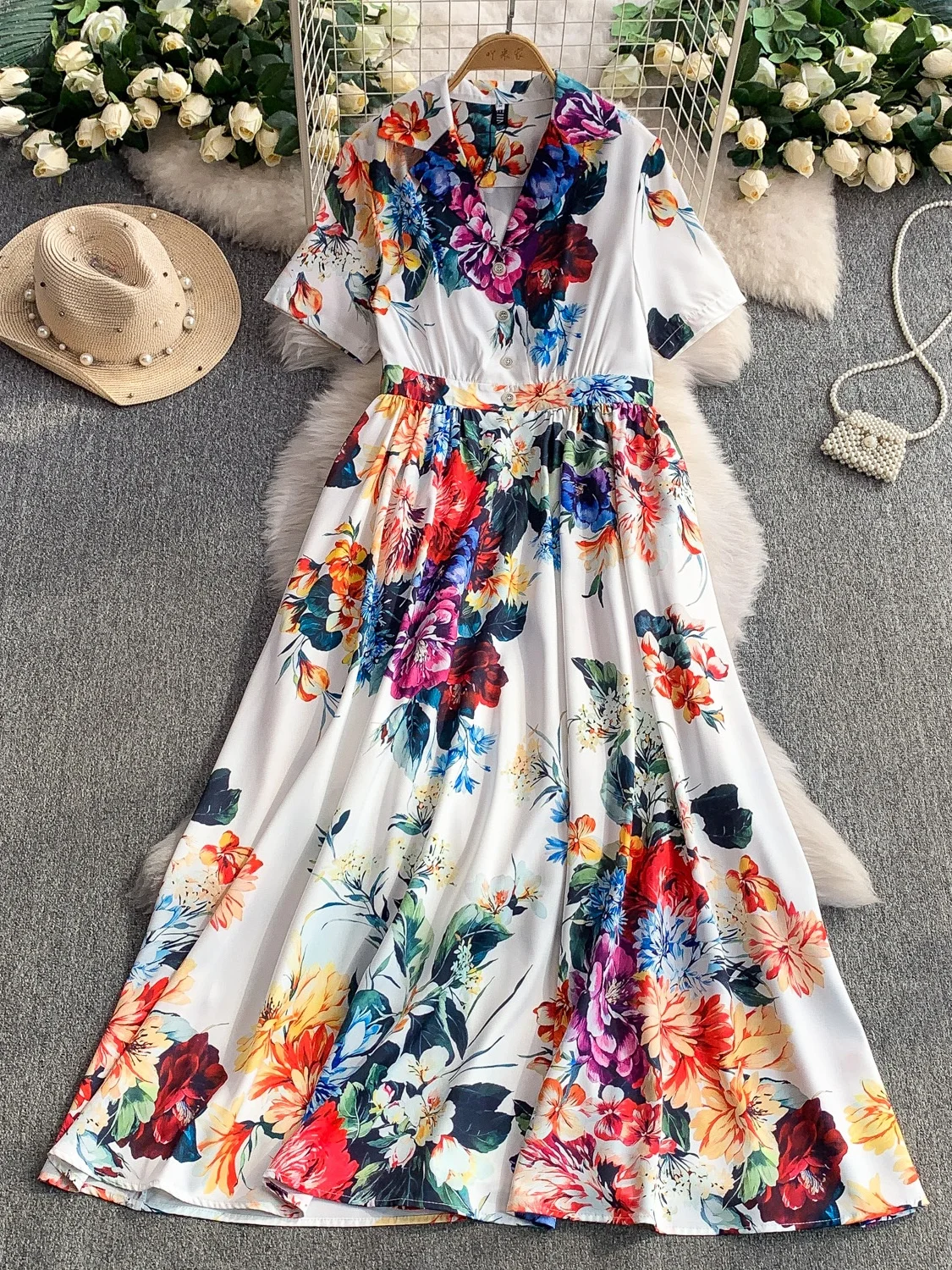 Vaion Sle بدلة مطبوعة طوق Dr المرأة ربيع الخريف زر عالية الخصر التخسيس تنورة طويلة النسخة الكورية ميدي الدكتور