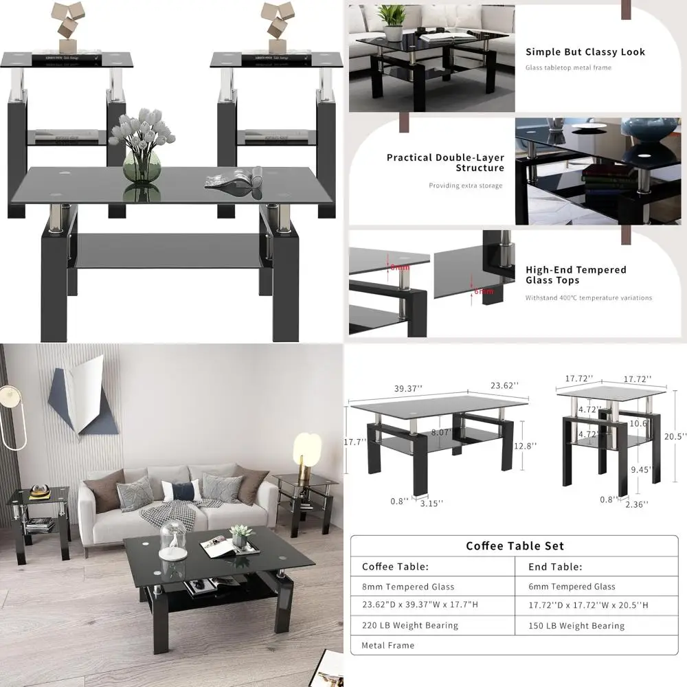 3-Piece Black Glass Coffee and End Table Set for Living Room, Metal Frame