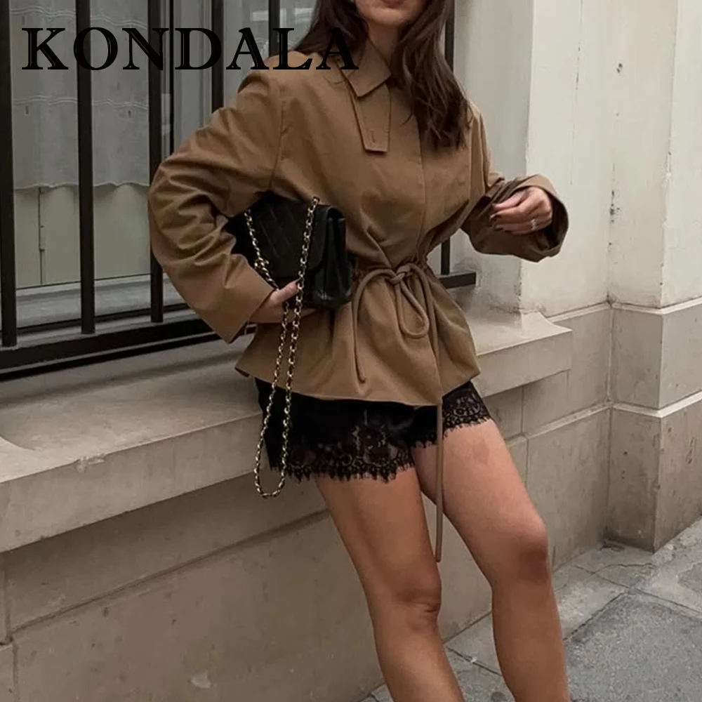 

KONDALA шикарная осенняя уличная одежда цвета хаки 2024, женская куртка, прямая модная женская уличная короткая верхняя одежда с завязками и воротником-стойкой