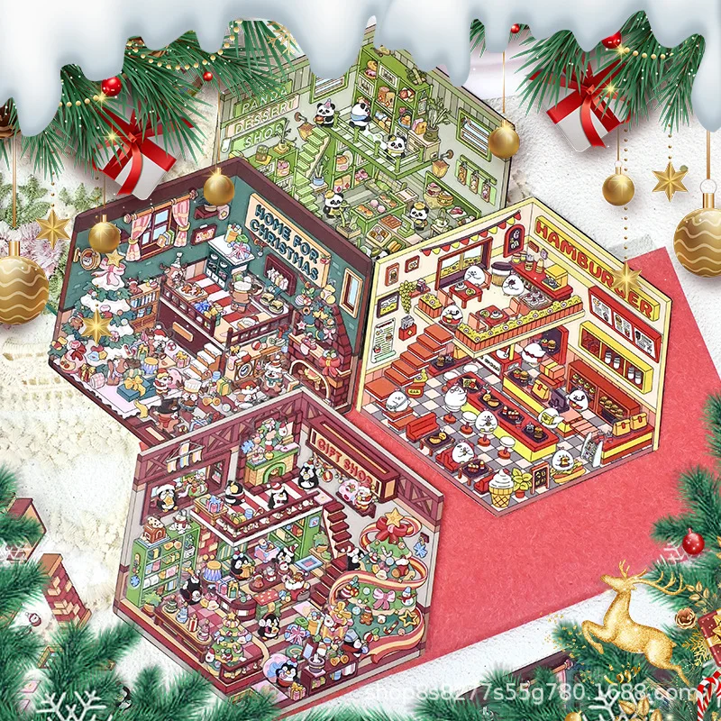 Cartoon Christmas Stickers Diy Scene DIY Cabin Scene Stacking and Pasting Gift for Kid Child Student P586