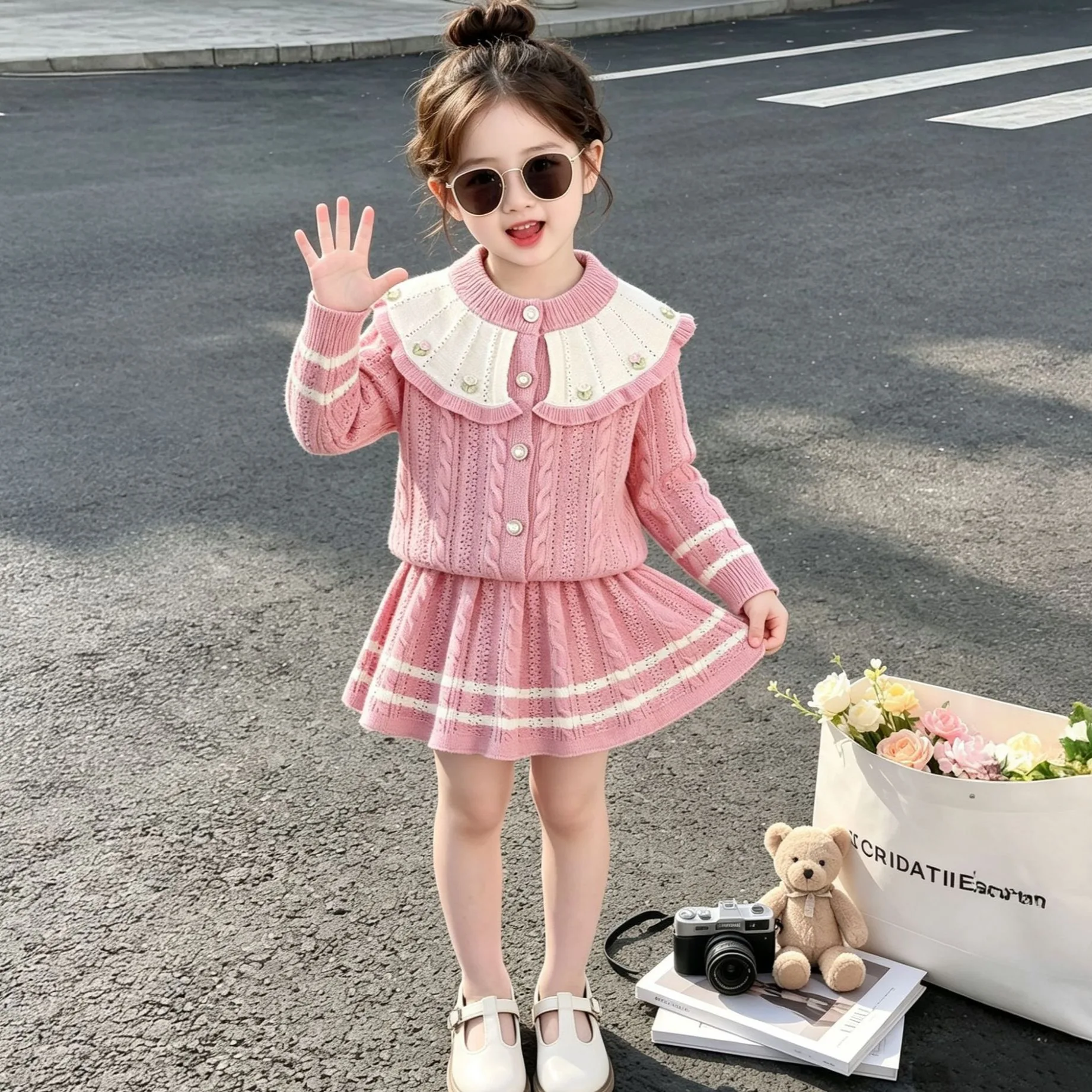 2-6 Year Old Cute Baby Girl Sweater Set Autumn and Winter Warm Knit Long Sleeved Cardigan Top + Short Skirt Children's Sets