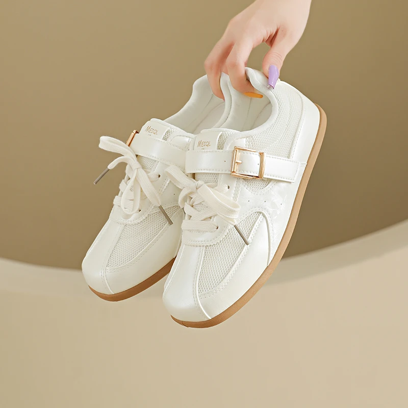 Women's Breathable Leather Mesh Style Sneakers | Flat Casual Board Shoes, Comfortable Walking Trainers for Students