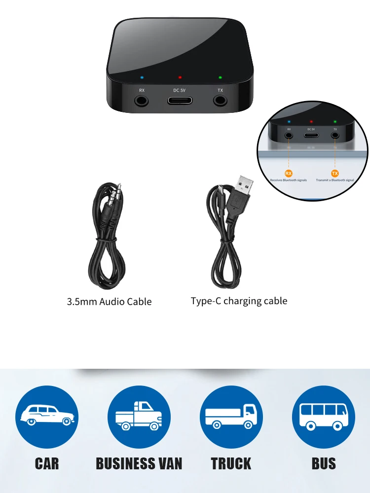 

NEW 2 in 1Wireless Music Stereo Adapter BT 5.3 Receiver Transmitter 3.5mm AUX Jack RCA USB Dongle For Car TV PC Headphone