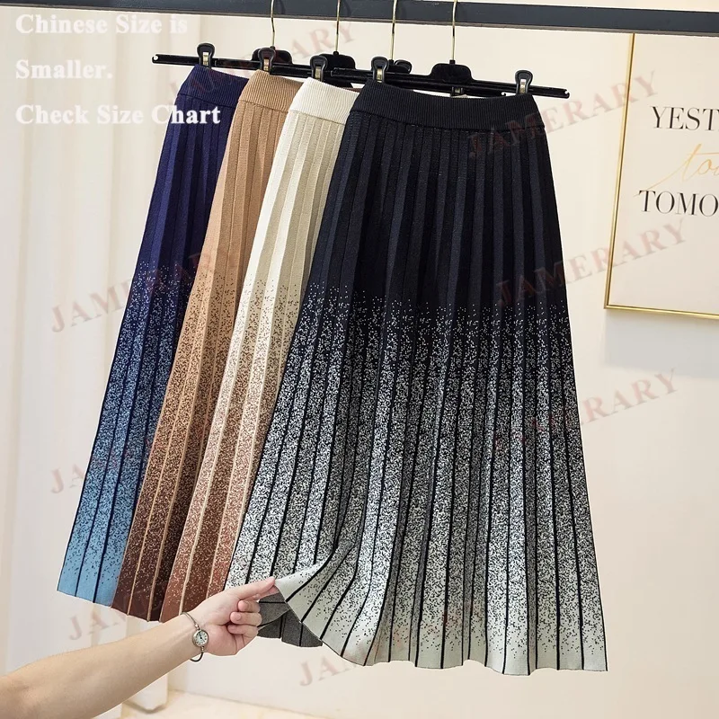 

Милая элегантная вязаная юбка-миди с градиентом для женщин, осень-зима, плиссированные длинные юбки трапециевидной формы, трикотаж