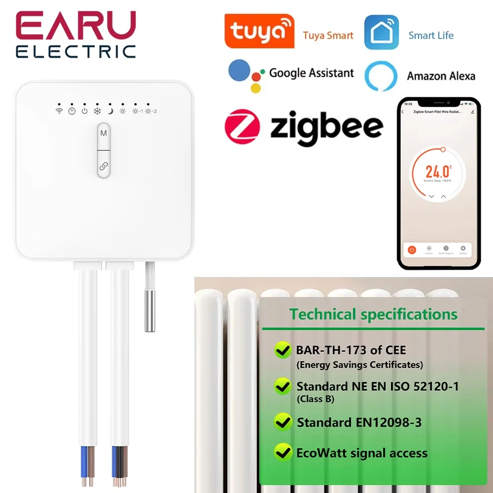 Tuya ZigBee 스마트 온도조절기, 파일럿 와이어 가열 라디에이터, 지지대 에코와트 전기 모니터링 리모컨, 알렉사 구글 