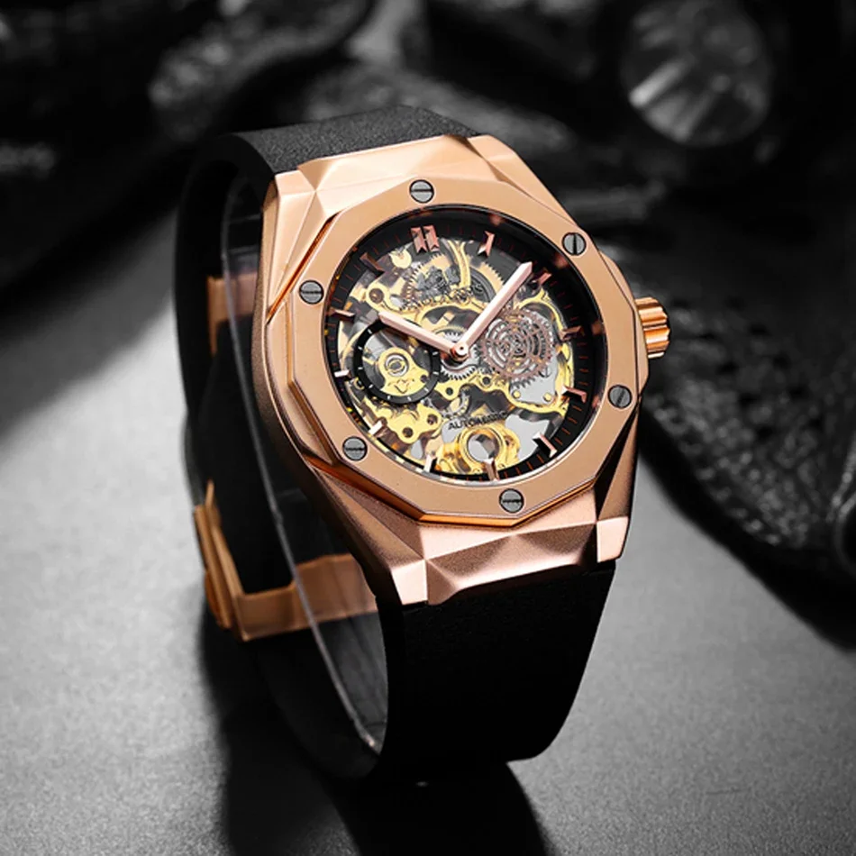 Automatic Watches for Men Skeleton Mechanical Self Wind Rose Gold Silver Black Case Rubber Sports Reloj Hombre Baratos