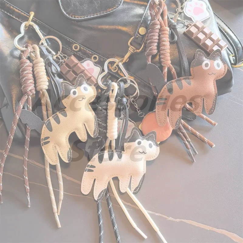 Cartoon Chocolate Cat Keychain Fashion Versatile Rope Knot Keyring Bag Pendant Backpack Hanging Decoration Car Key Holder