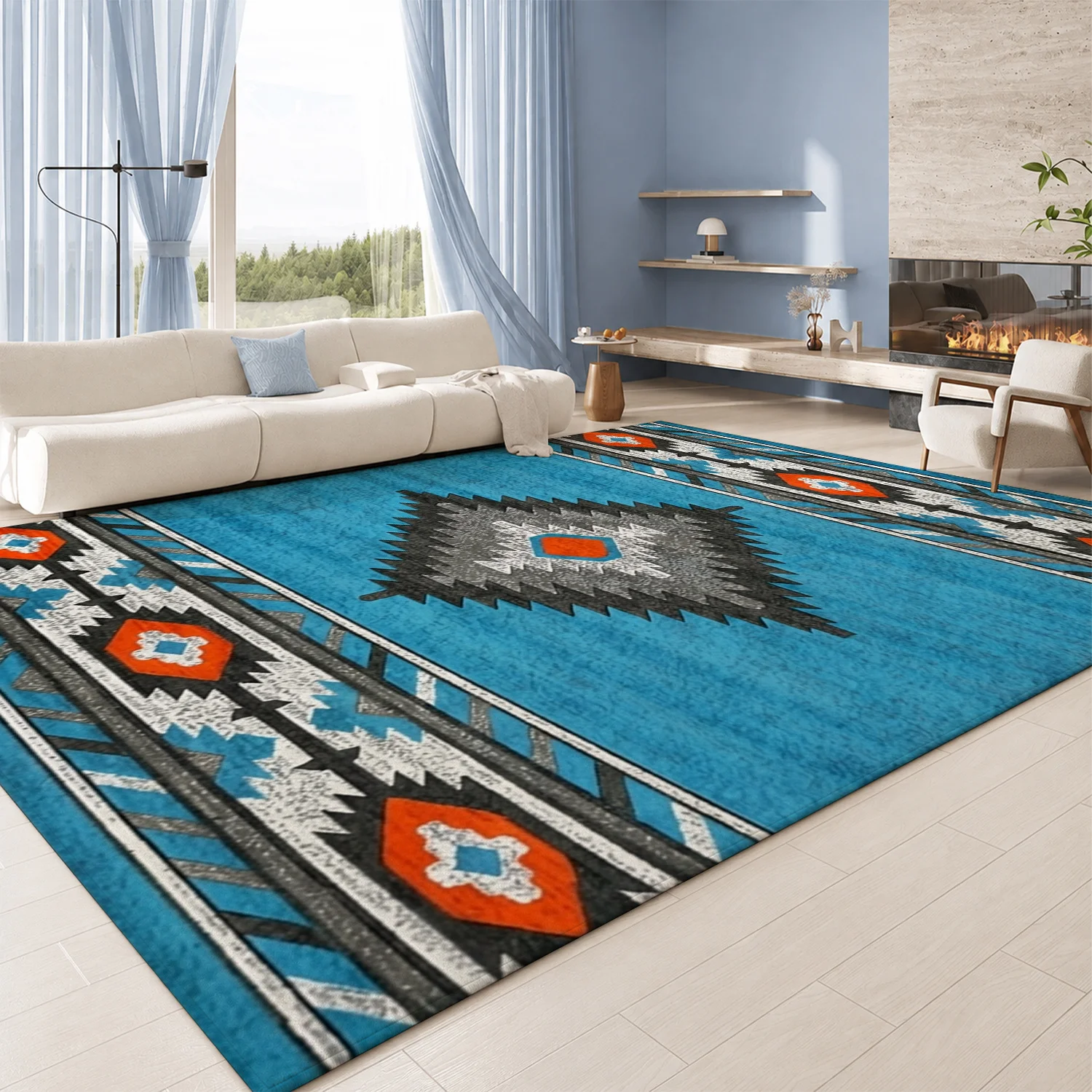 Large Indoor Area Rug, Soft Velvet Low Pile Rug with Non-slip Dotted Backing, Machine Washable Southwestern Tribal Geometric Pattern Teal Rug for Living Room, Bedroom, Entryway, Western Home Decor Accent